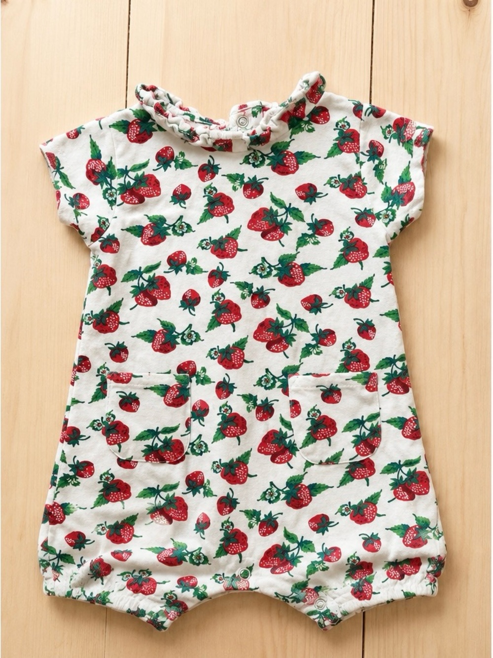 Mini Boden Cream One-Piece with Red Strawberry Print and Green Leaves